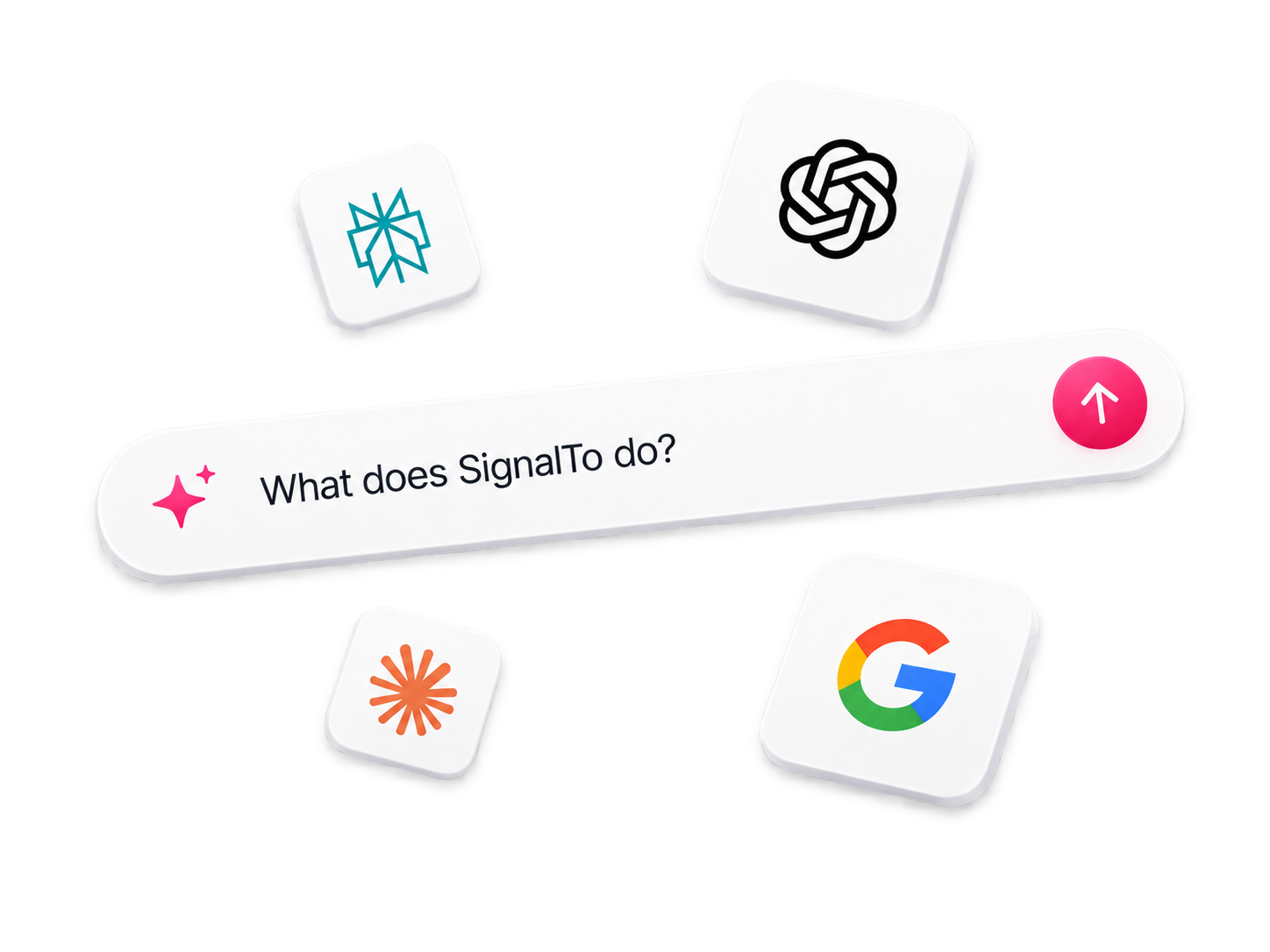 Illustration of a search prompt asking what SignalTo does, surrounded by ChatGPT, Perplexity, Claude and Google icons