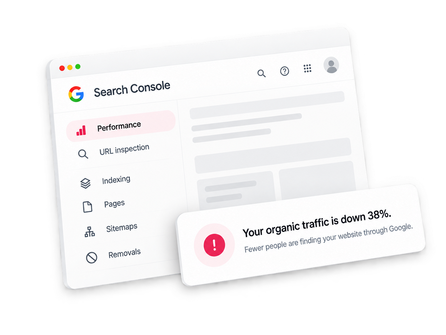 Design illustration of a Search Console-style traffic panel, not an actual Google alert